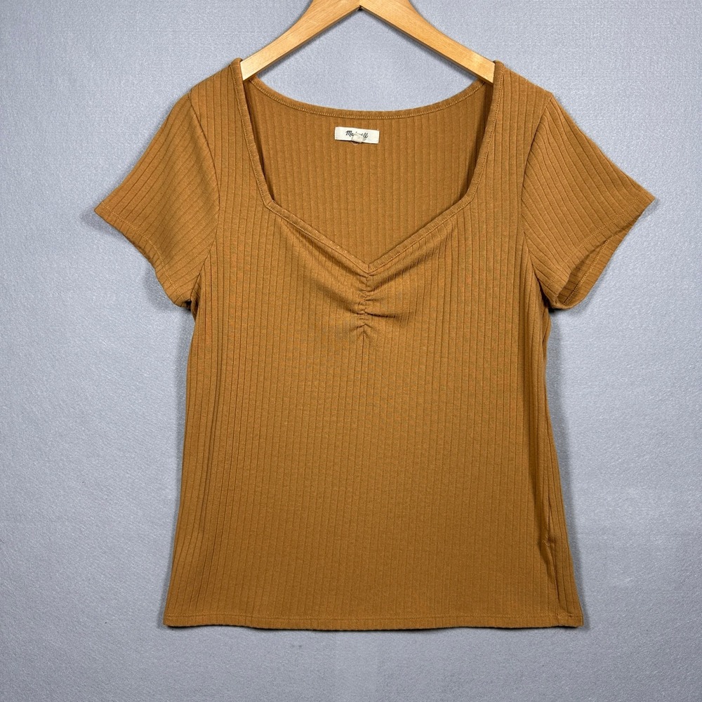 Madewell Womens XL Brown Ribbed Cinched Sweetheart Neck Short Sleeve Top Tee